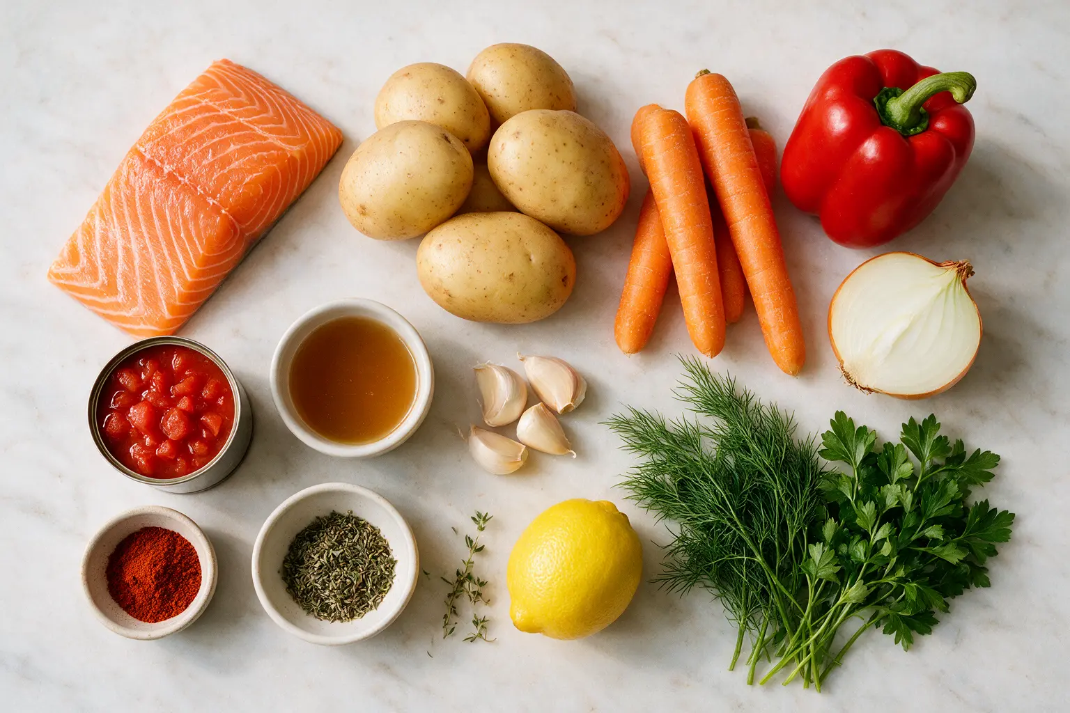 Salmon stew ingredients: salmon, potatoes, carrots, tomatoes, and herbs