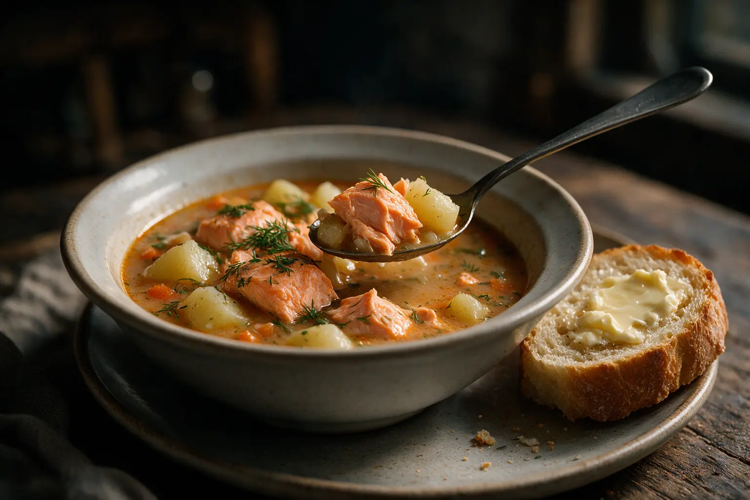 Salmon stew served with a slice of crusty bread
