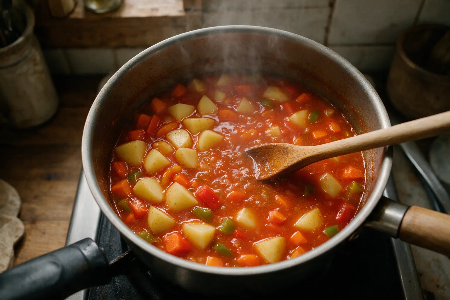Vegetables and tomato broth simmering in a pot for salmon stew