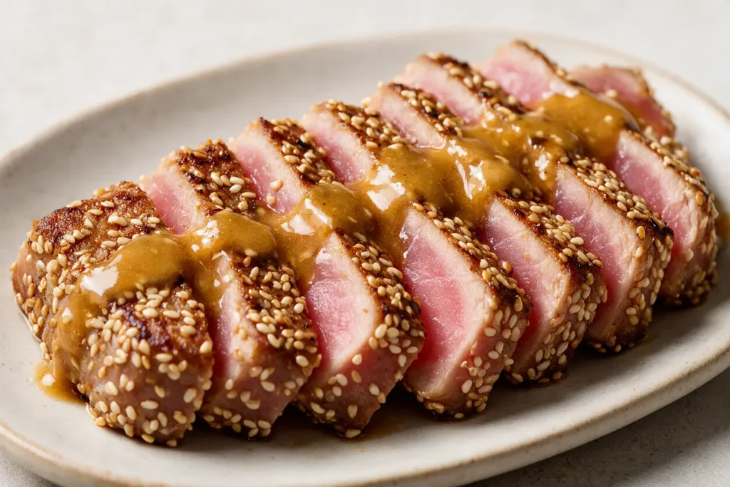 Seared ahi tuna sliced to show the rare center and sesame crust