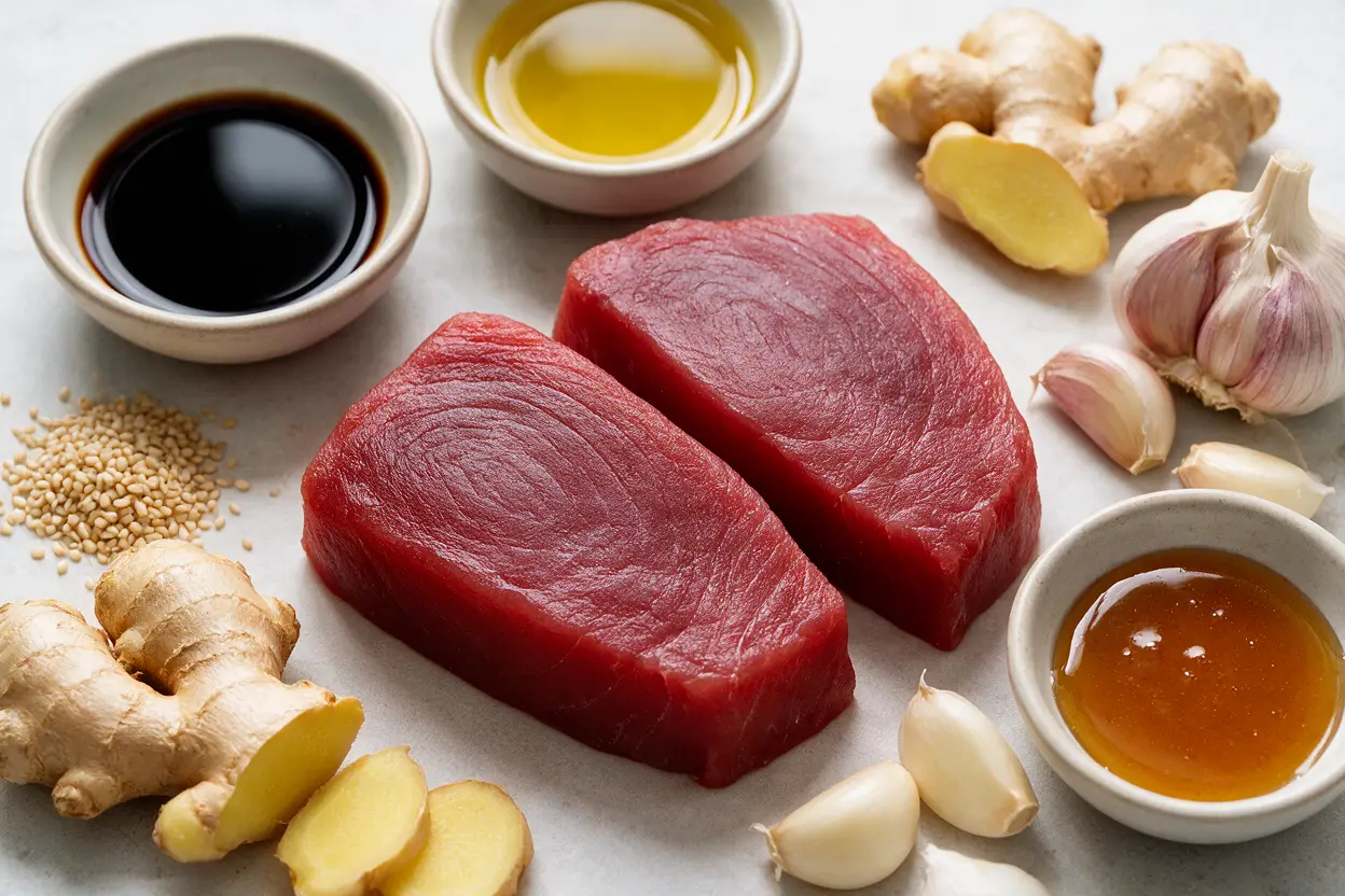 Seared ahi tuna ingredients: ahi tuna steaks, soy sauce, sesame oil, sesame seeds, ginger, and garlic