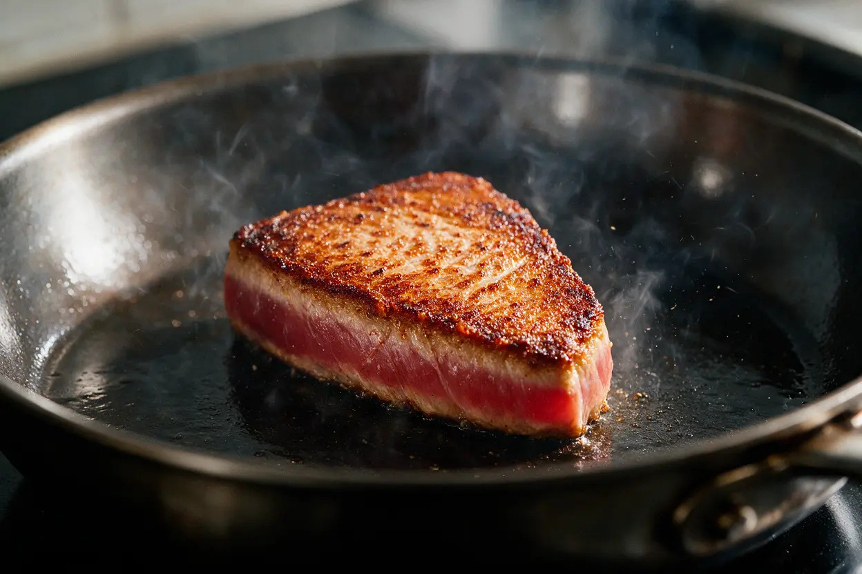An ahi tuna steak searing in a hot skillet forming a golden crust