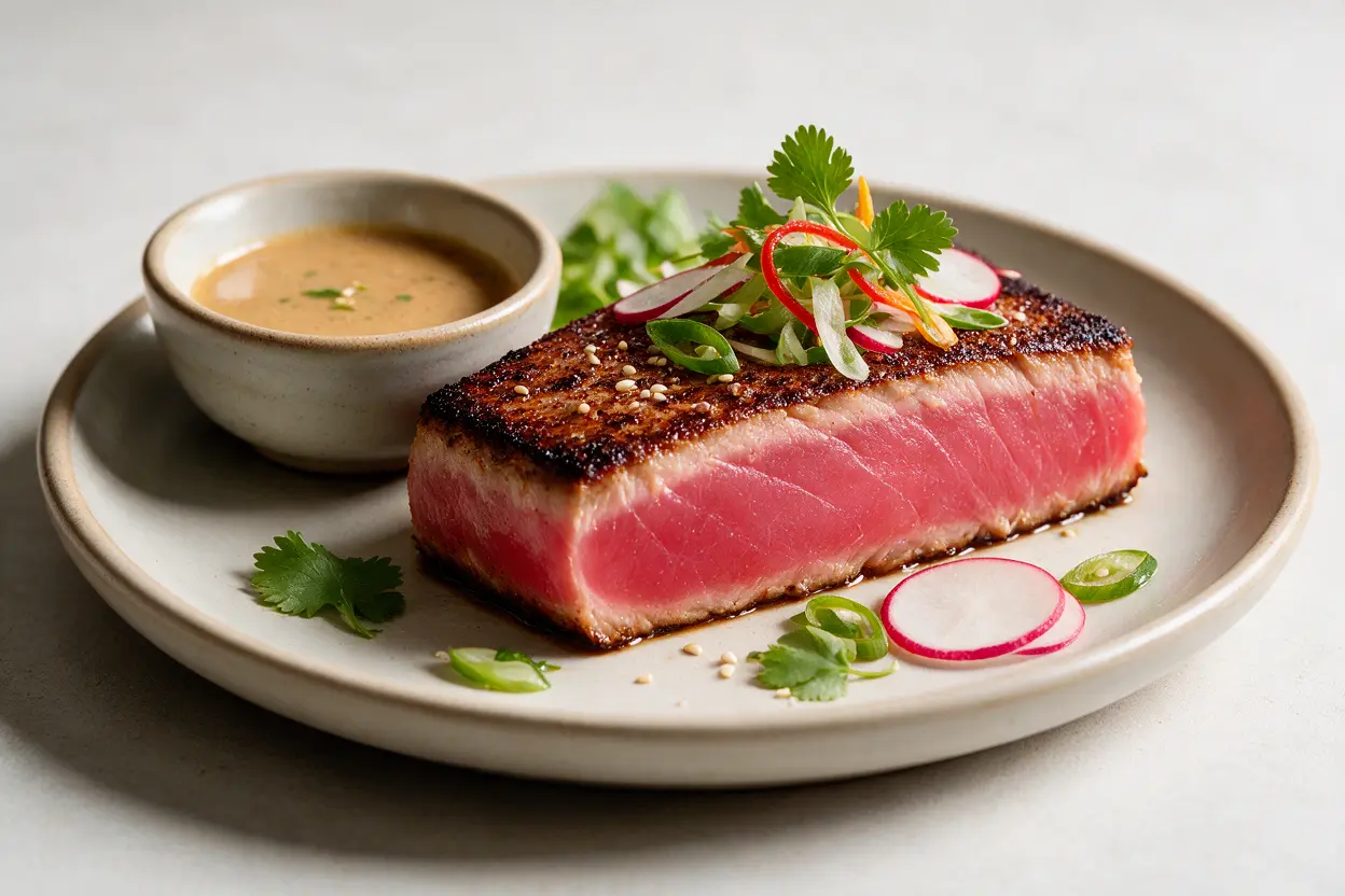 A plated served ahi tuna steak with dipping sauce and garnish