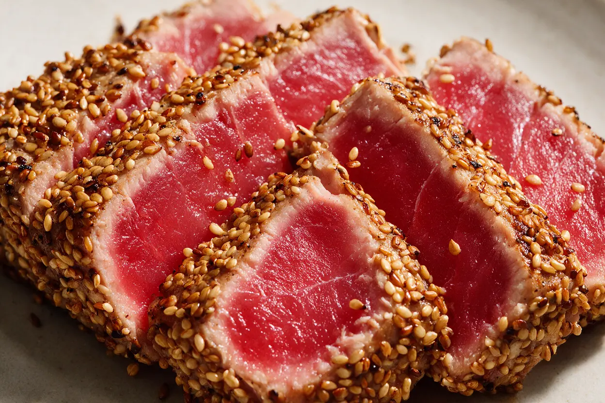 Sliced seared ahi tuna showing the sesame crust and rare center