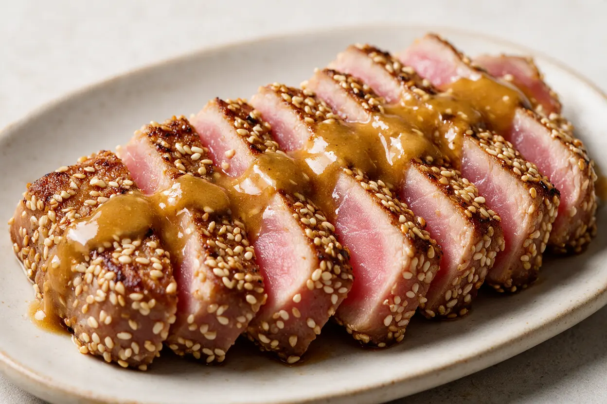 Seared ahi tuna sliced to show the rare center and sesame crust