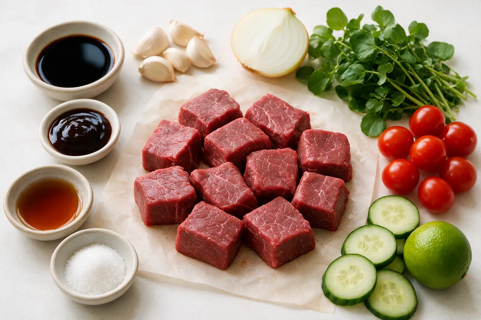 Shaking beef ingredients: cubed beef, soy, oyster and fish sauce, garlic, and watercress