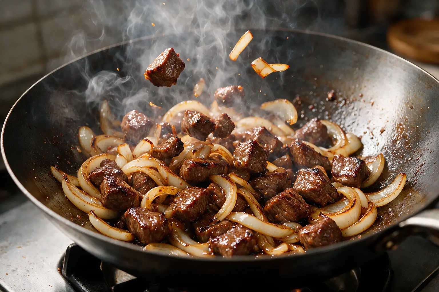 Tossing seared beef and onions in a wok for shaking beef