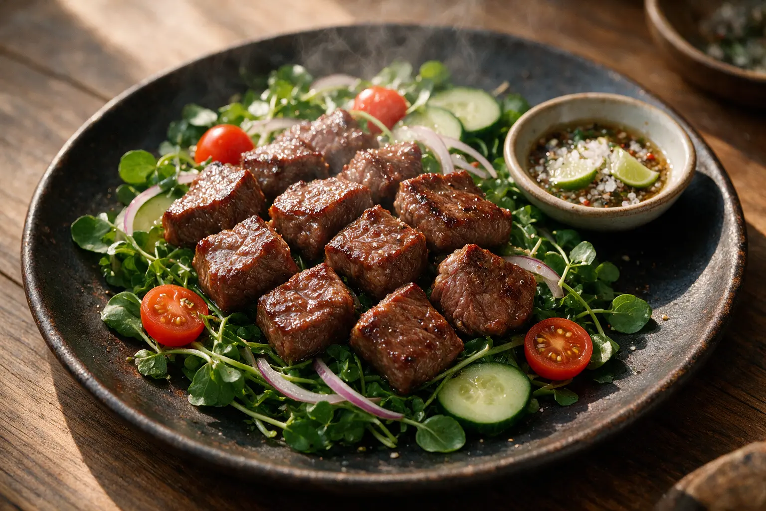 Vietnamese shaking beef over watercress with tomato and cucumber