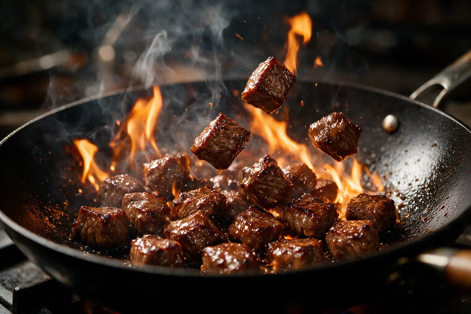 Cubed beef searing and tossing in a hot wok for shaking beef