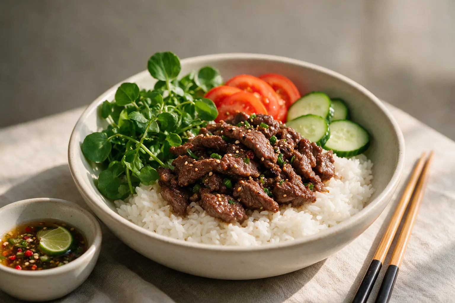Shaking beef served over jasmine rice with a lime dipping sauce