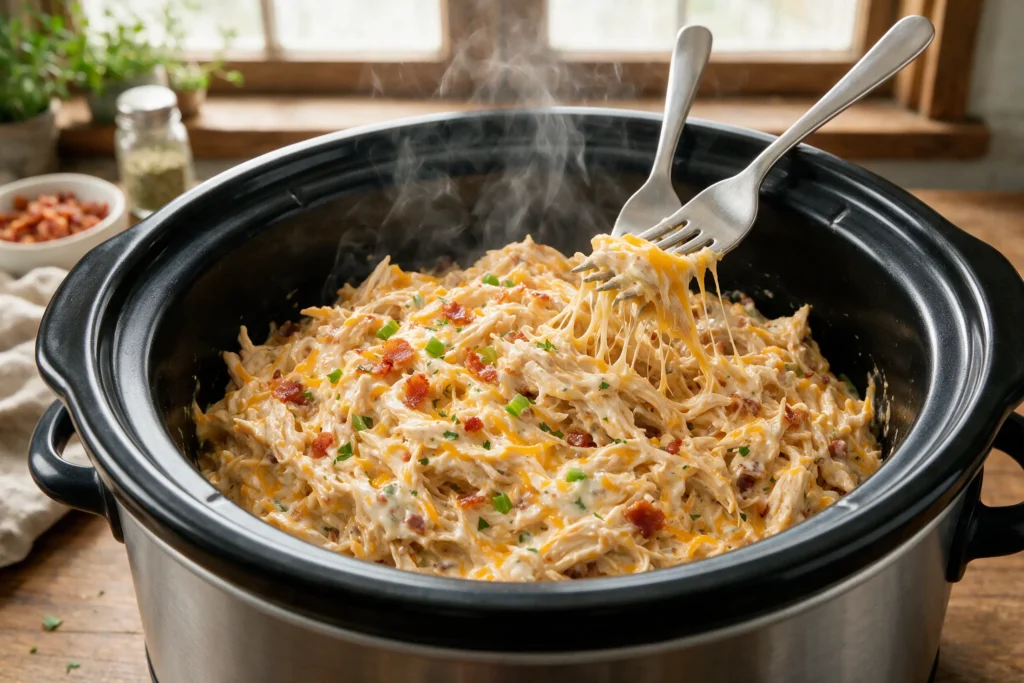 Creamy shredded crack chicken with melted cheddar and bacon stirred in a crockpot