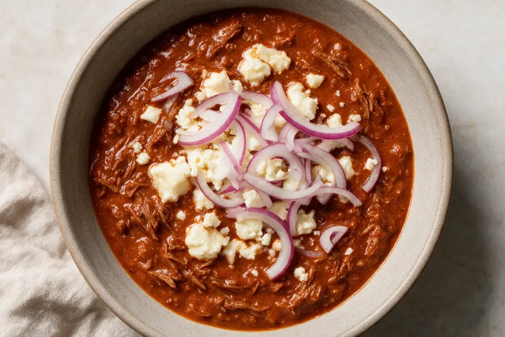 A bowl of smooth steak n shake copycat beef chili, top-down
