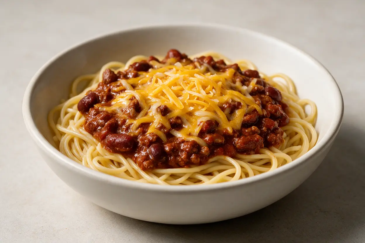 Steak n shake chili mac served over spaghetti with shredded cheese