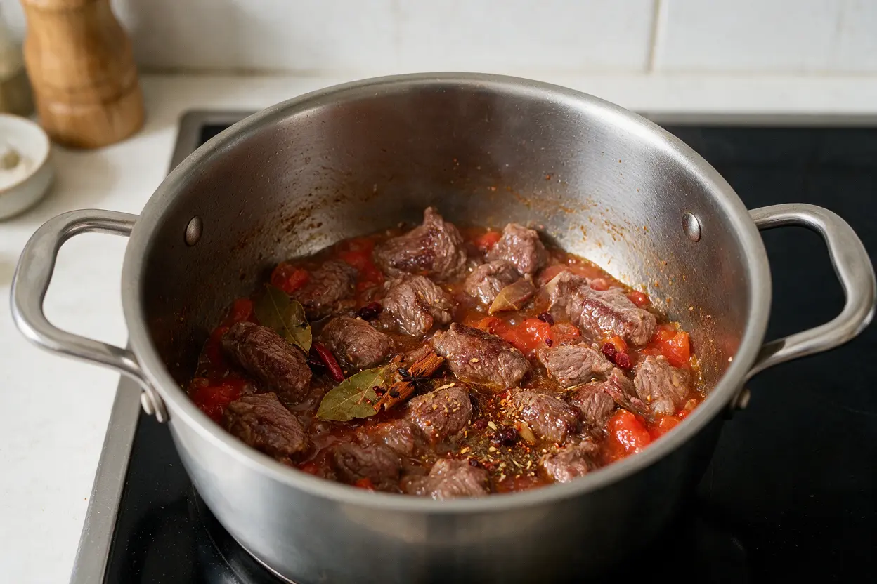 Ground beef simmering with spices and tomato sauce for steak n shake chili