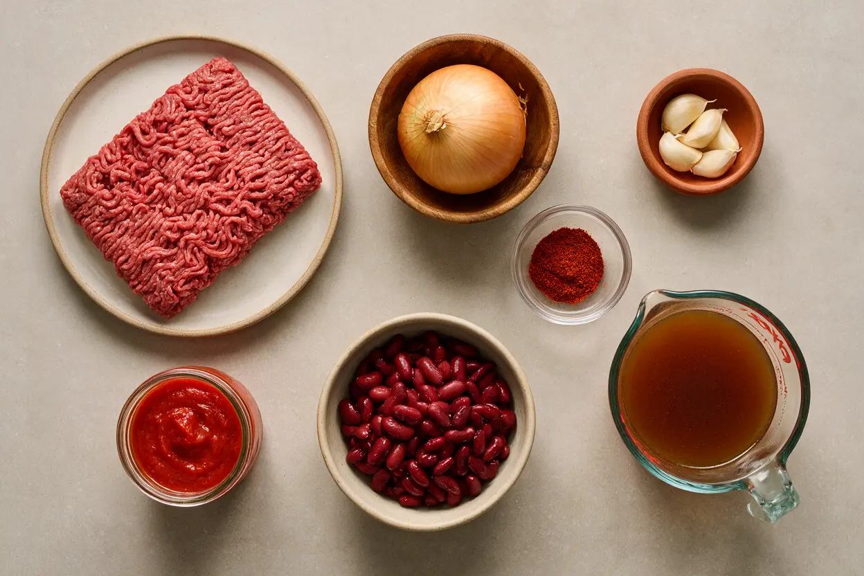 Steak n shake chili ingredients: ground beef, onion, garlic, chili powder, tomato sauce, and kidney beans