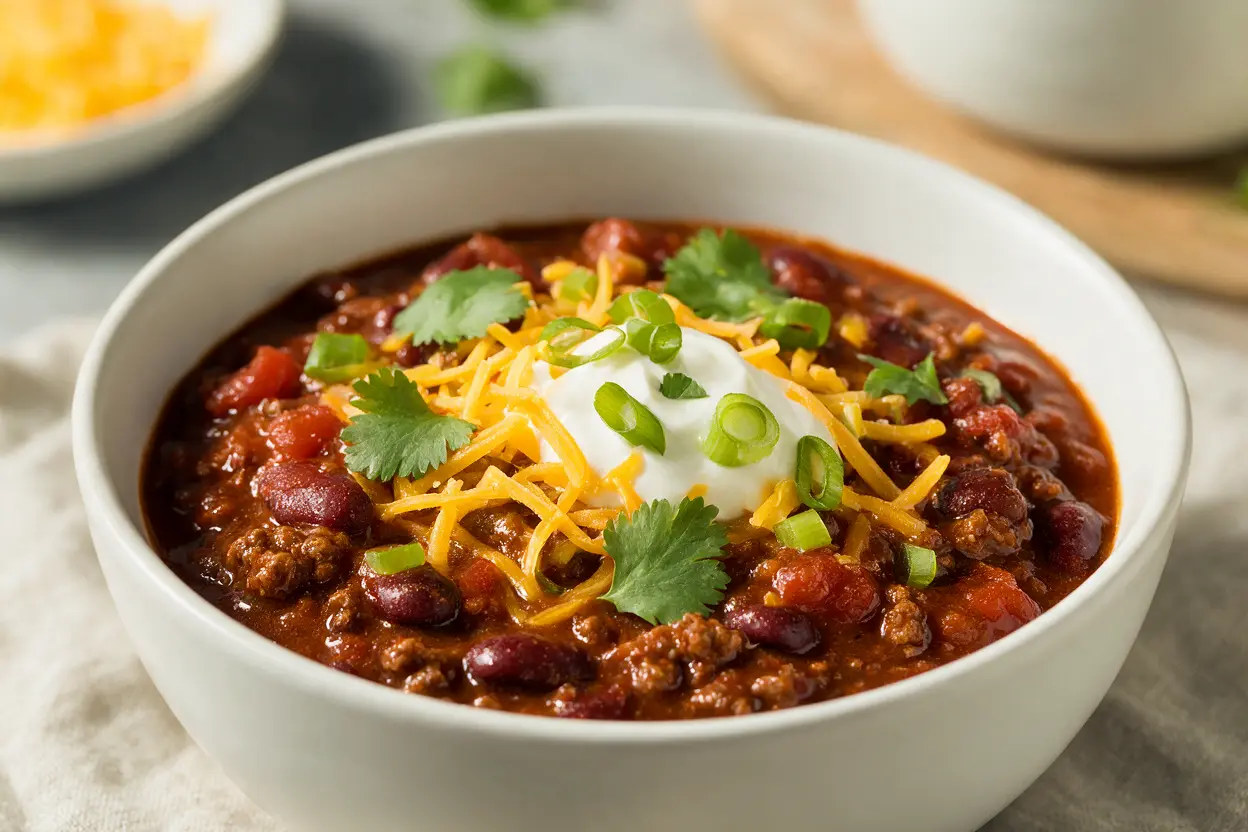 A served bowl of smooth steak n shake copycat chili with toppings