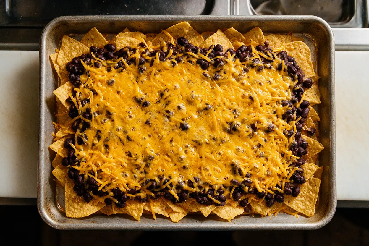 Tortilla chips with melting cheese on a sheet pan for nachos