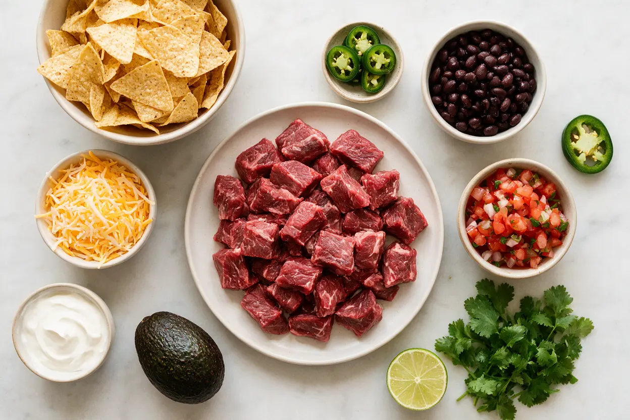 Steak nachos ingredients: steak, chips, cheese, beans, and fresh toppings