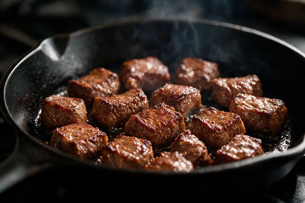 Seasoned steak cubes searing in a skillet for nachos