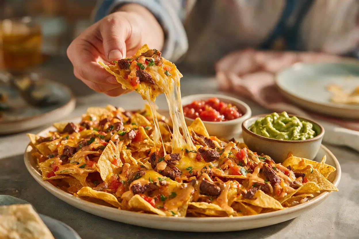 Loaded steak nachos served on a platter with a cheese pull