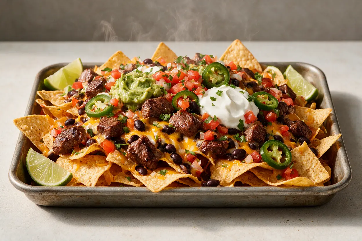 Loaded steak nachos with melted cheese and fresh toppings