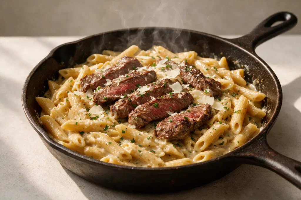 Creamy steak pasta with seared steak and parmesan in a skillet