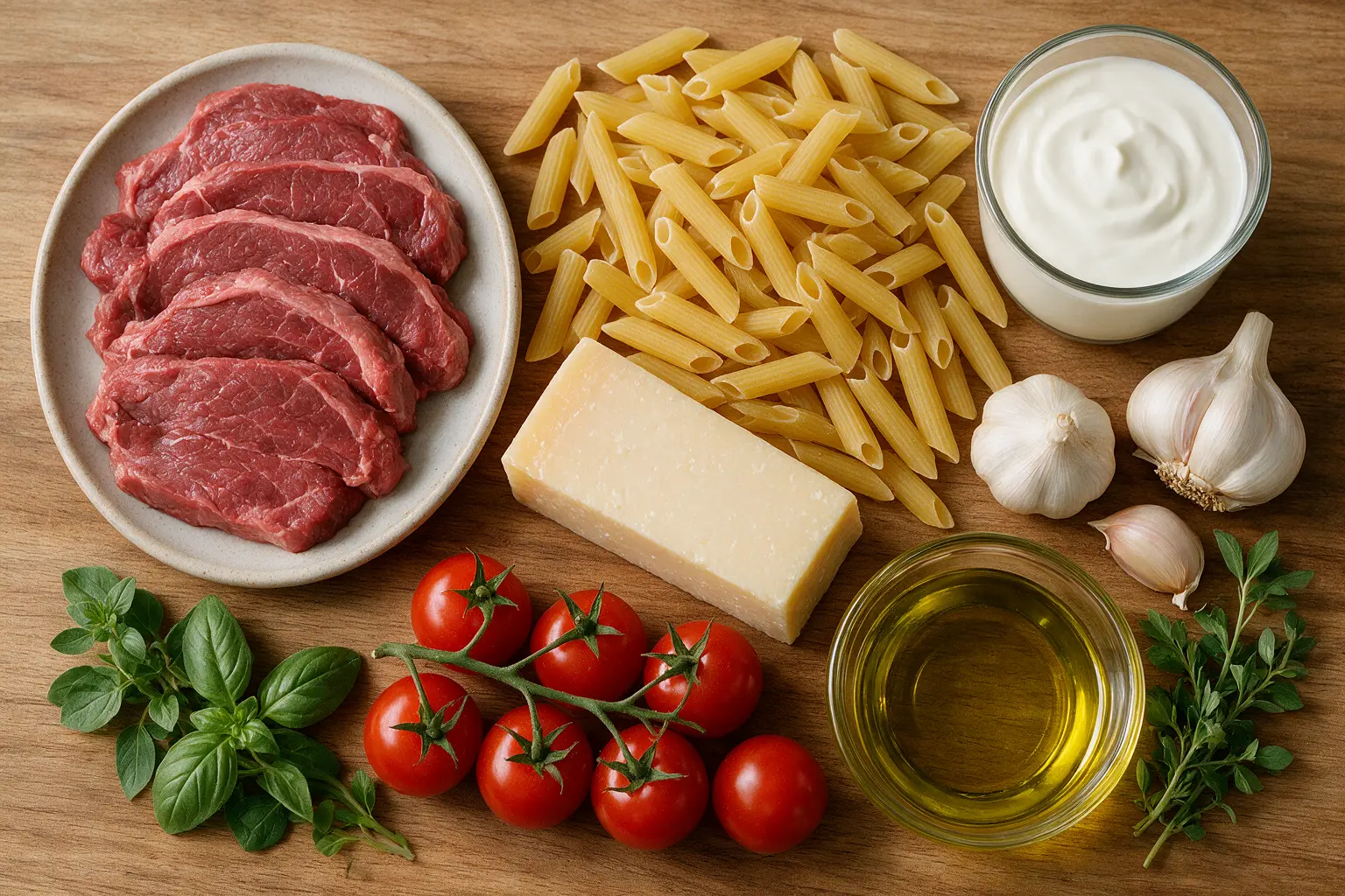 Steak pasta ingredients: sirloin, penne, cream, parmesan, and garlic