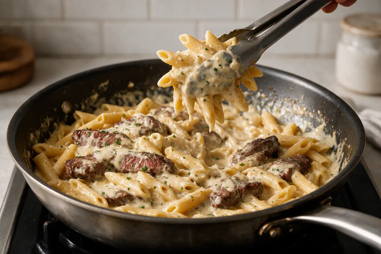 Tossing penne and steak in a creamy garlic parmesan sauce