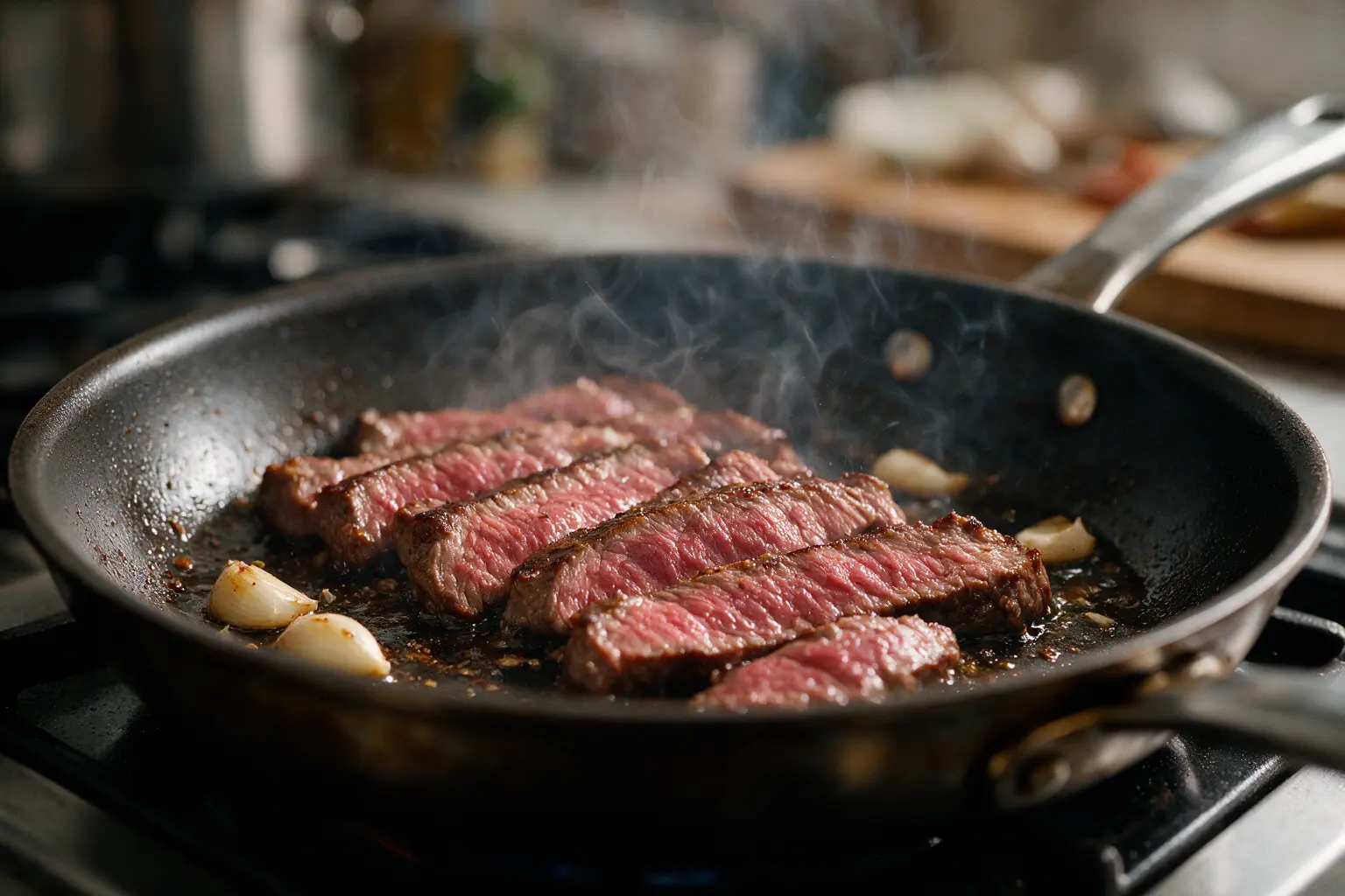 Thinly sliced steak searing in a skillet