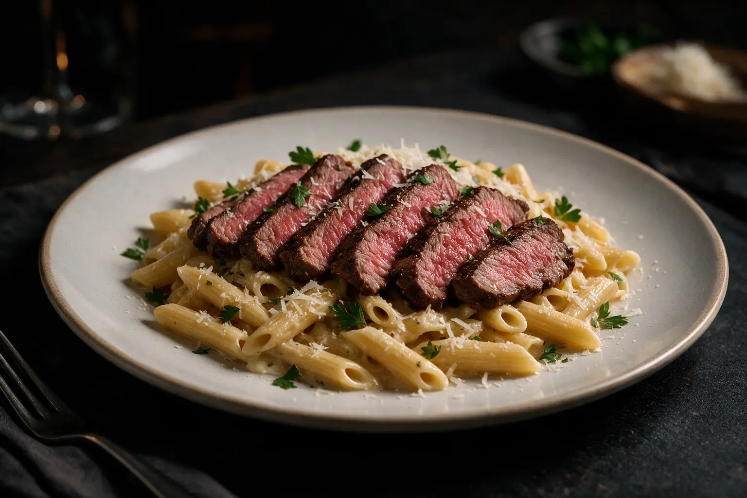 Plated steak pasta with sliced steak over creamy noodles