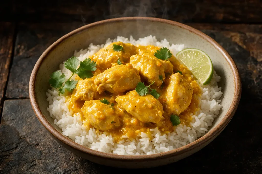 Creamy aji amarillo chicken in golden sauce over white rice with cilantro