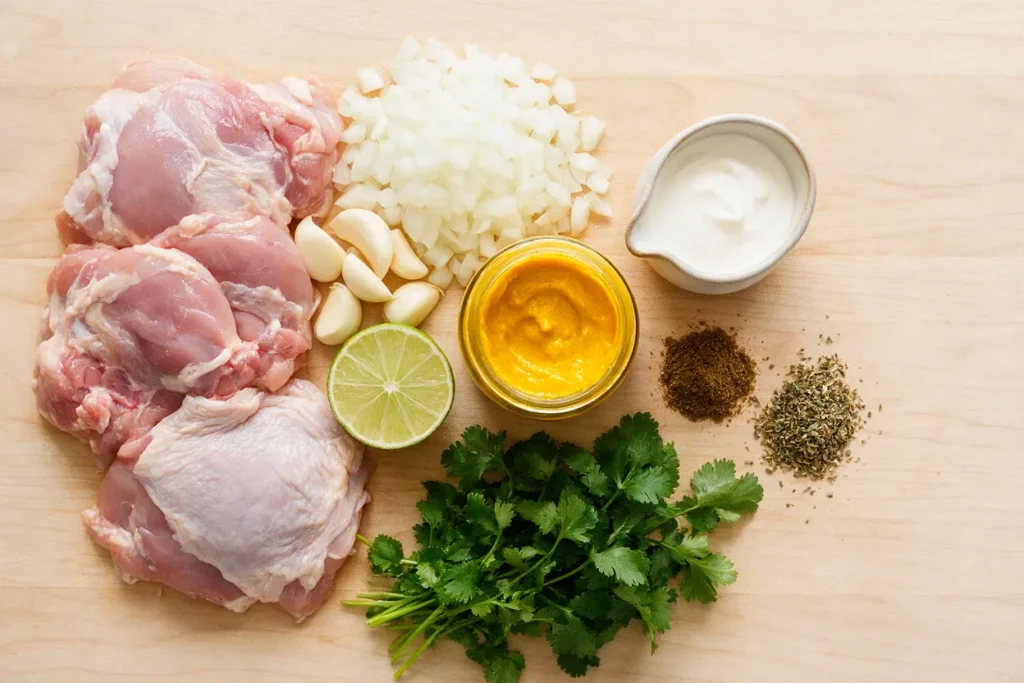 Chicken, aji amarillo paste, garlic, lime, cream and cilantro in a flat-lay