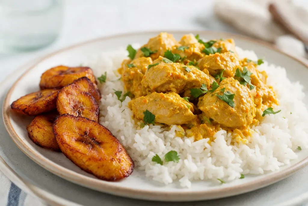 Plated aji amarillo chicken over white rice with fried plantains