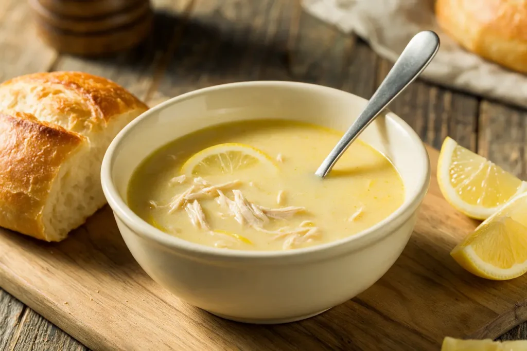 Greek lemon chicken soup served with crusty bread and lemon