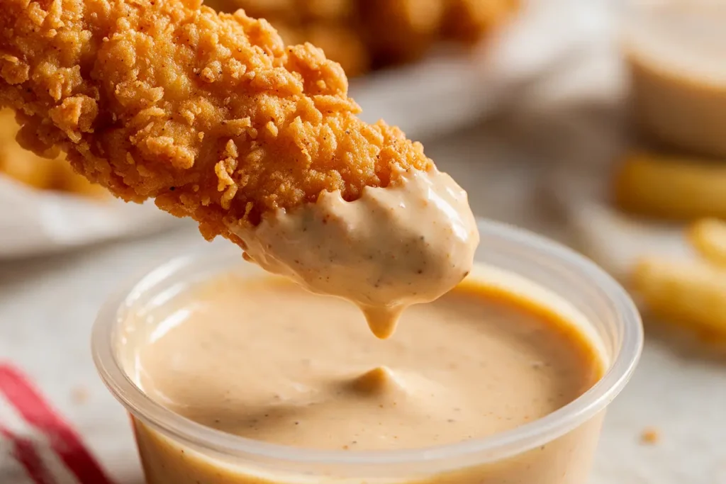 A chicken finger dipped into creamy Cane's copycat sauce
