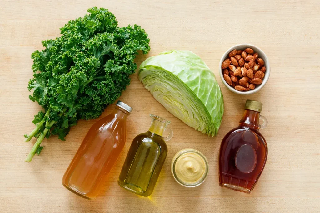 Ingredients for Chick-fil-A kale salad: kale, cabbage, almonds and vinaigrette
