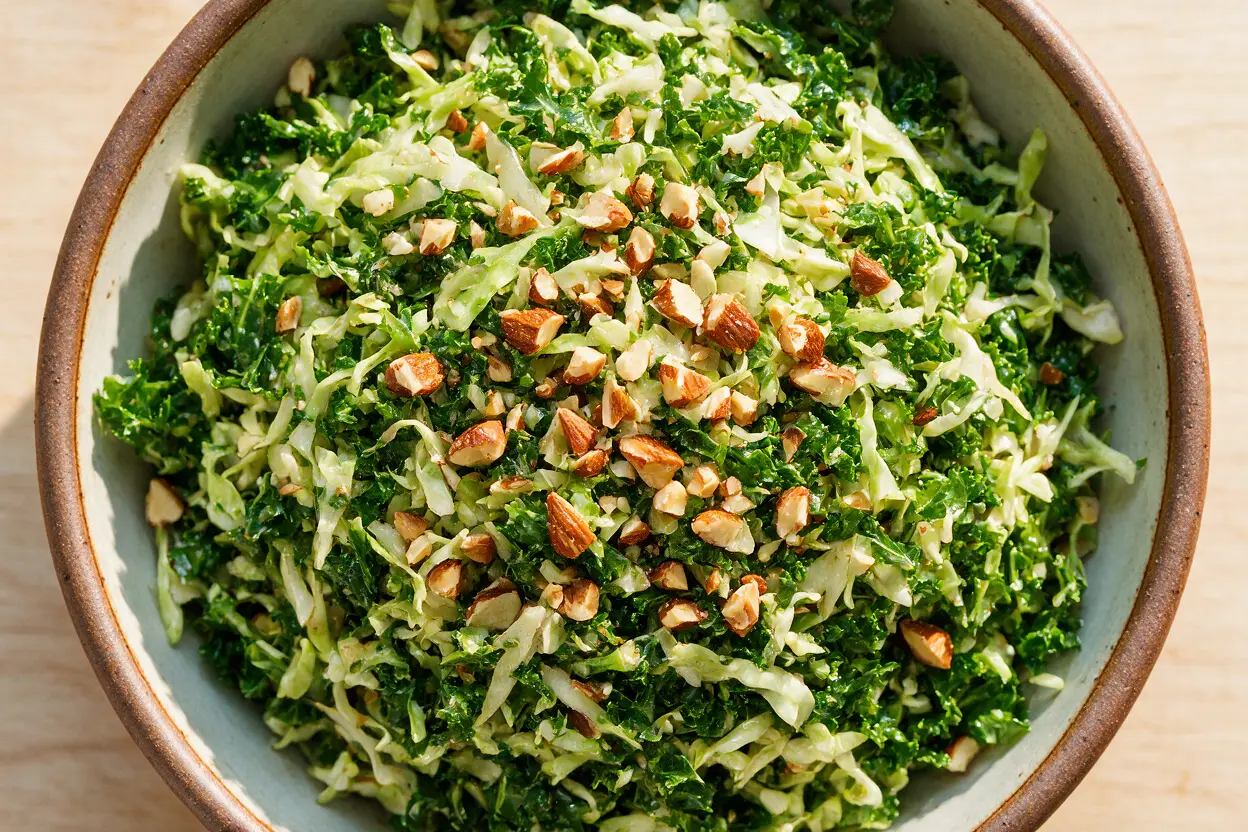 A bowl of copycat Chick-fil-A kale crunch salad with almonds