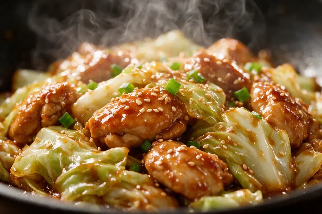 Close-up of glossy chicken and cabbage stir fry with sesame seeds