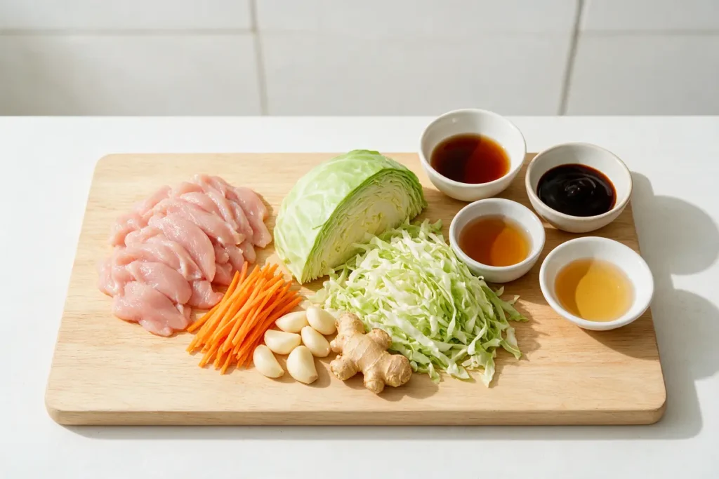 Sliced chicken, cabbage, carrot, garlic and ginger for chicken and cabbage stir fry