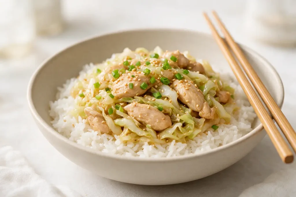 Chicken and cabbage stir fry served over white rice in a bowl