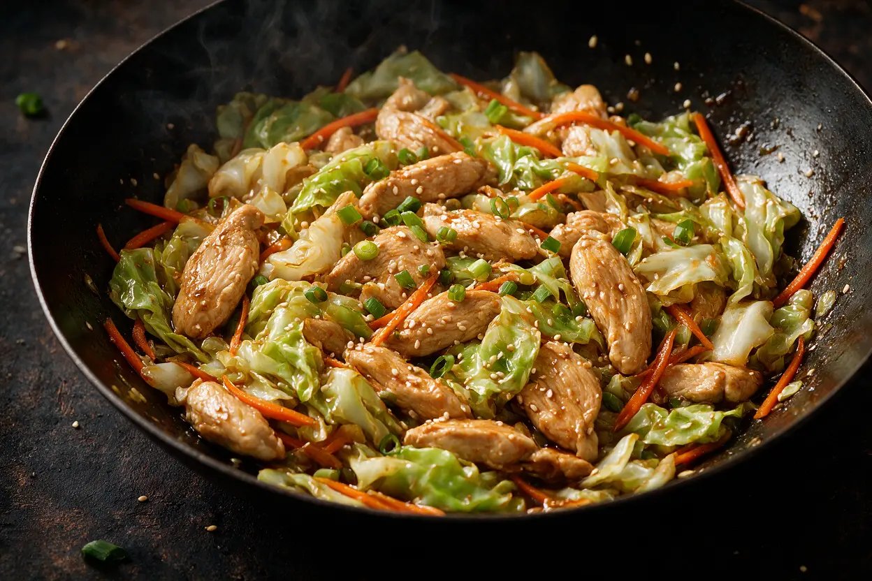 Overhead of chicken and cabbage stir fry with carrots and green onions in a wok