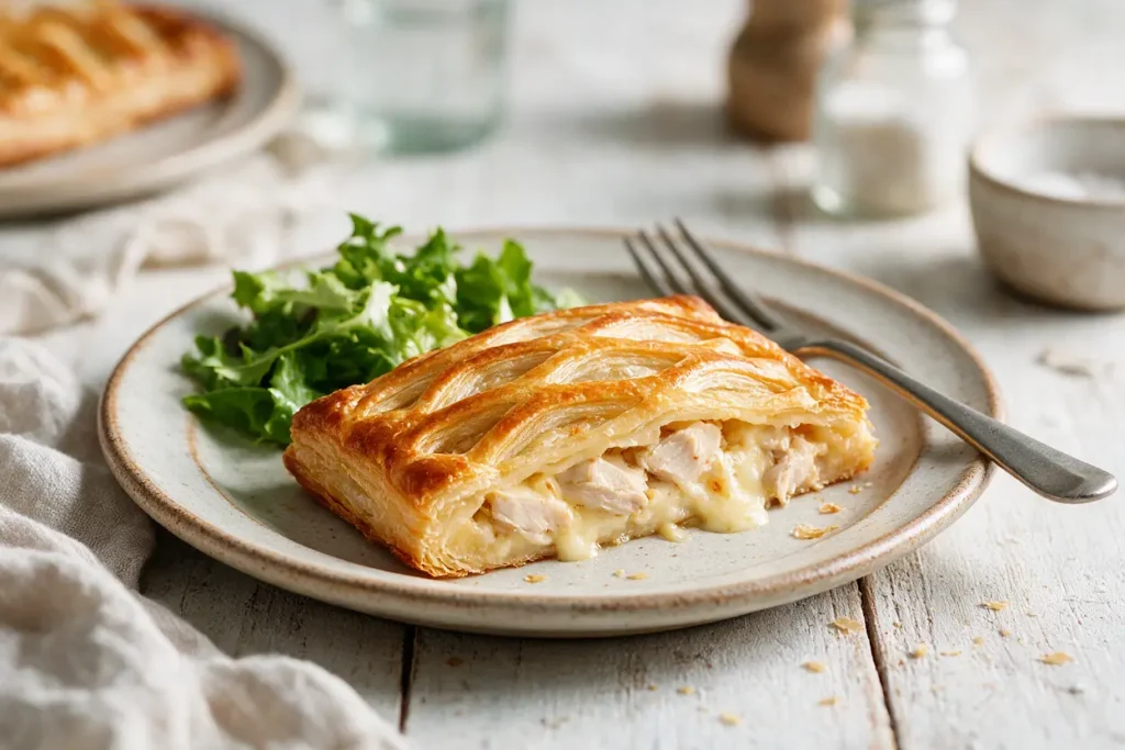 A plated slice of chicken and cheese puff pastry jalousie with salad