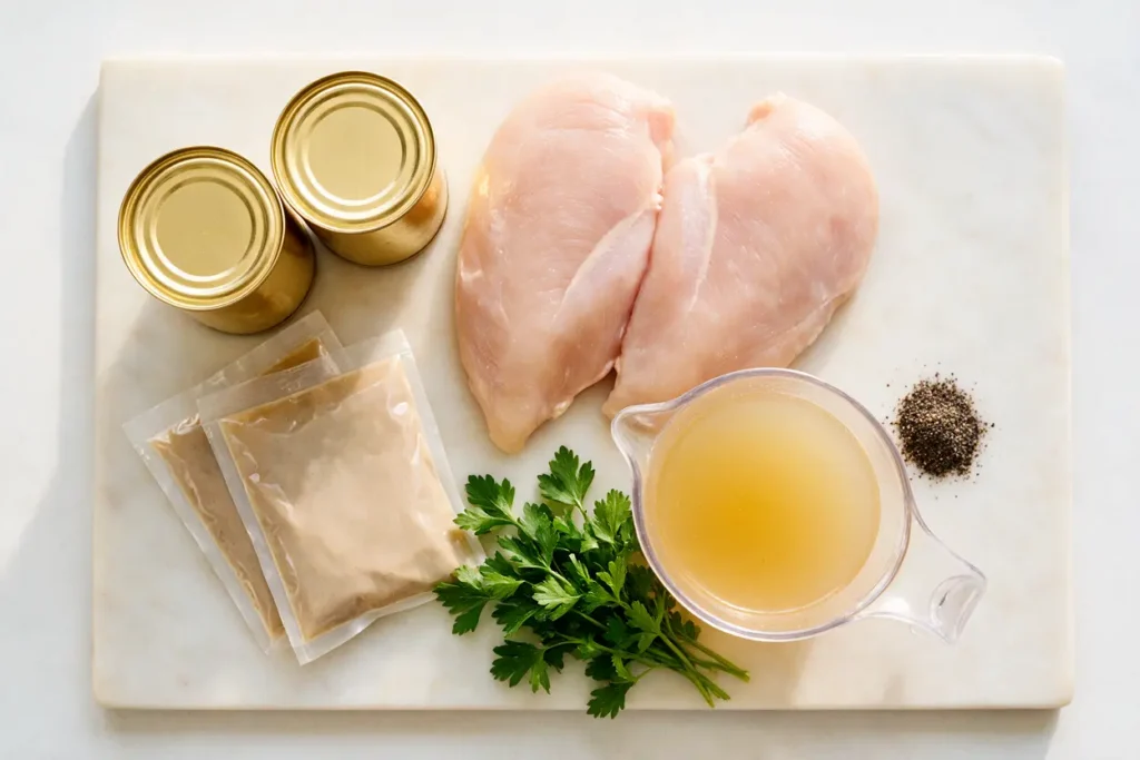Ingredients for chicken and gravy: chicken, cream of chicken soup, gravy mix and broth