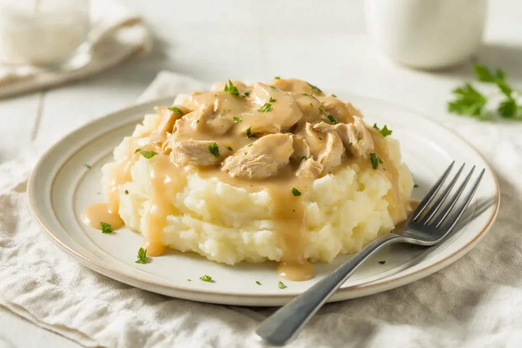 Chicken and gravy over creamy mashed potatoes on a plate