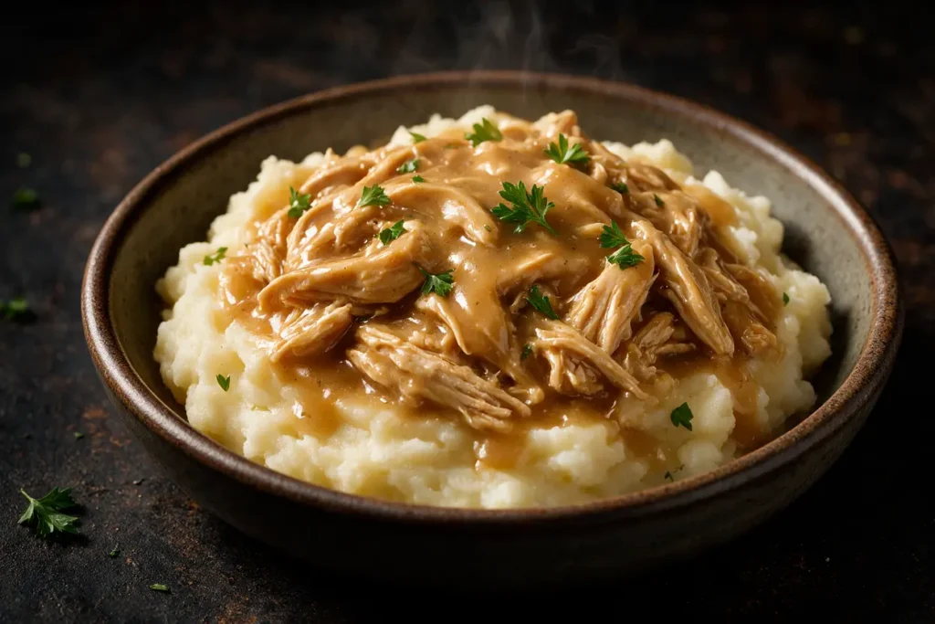 Close-up of shredded chicken in rich savory gravy