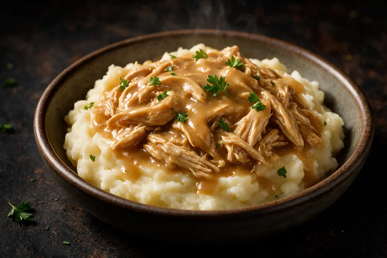Close-up of shredded chicken in rich savory gravy
