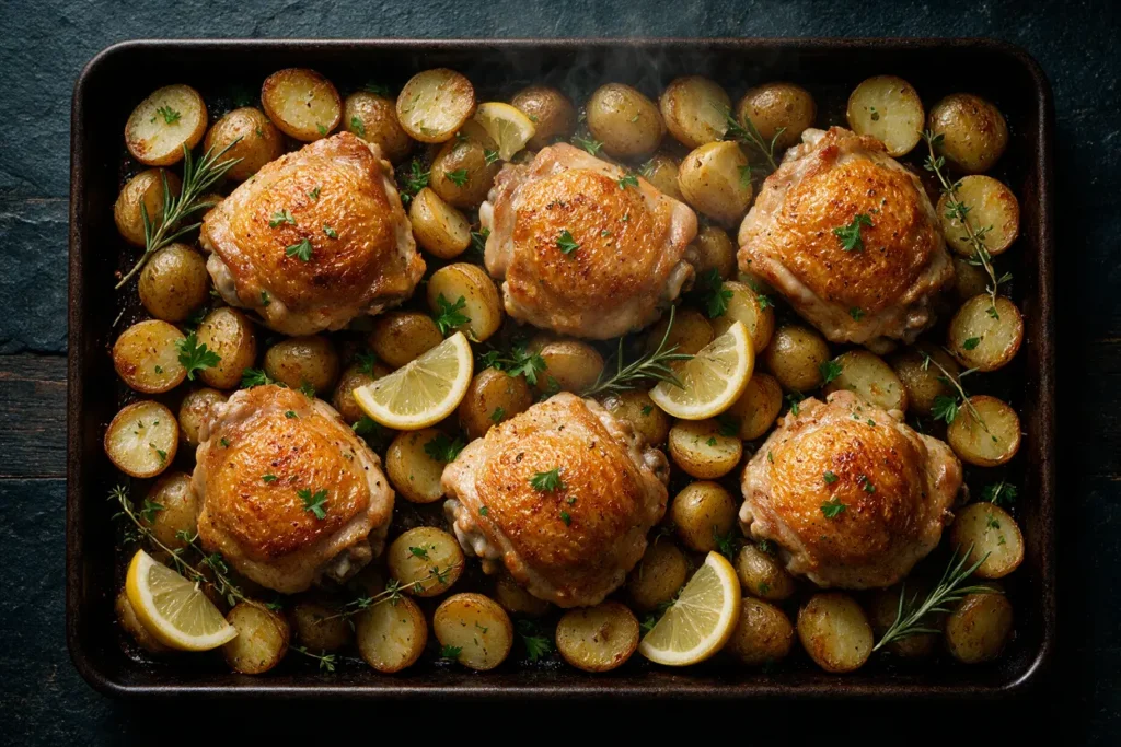 Overhead sheet pan of roasted garlic herb chicken thighs and golden baby potatoes
