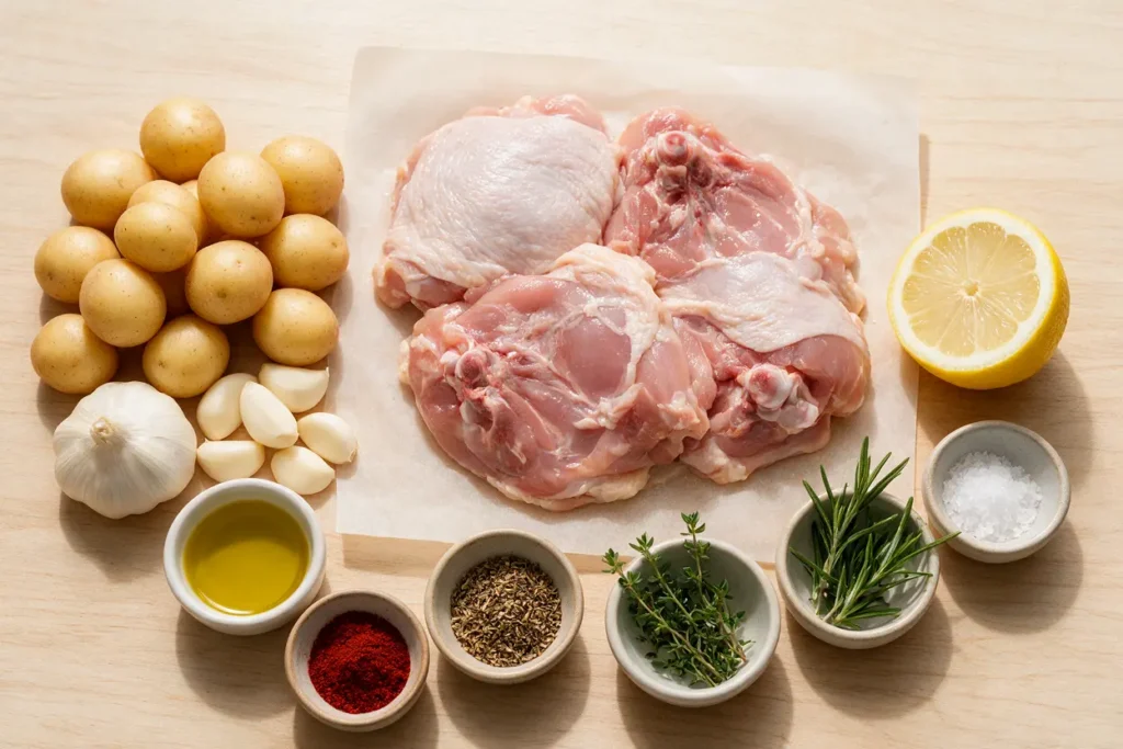 Raw ingredients for chicken and potatoes recipe: chicken thighs, baby potatoes, garlic, lemon and herbs
