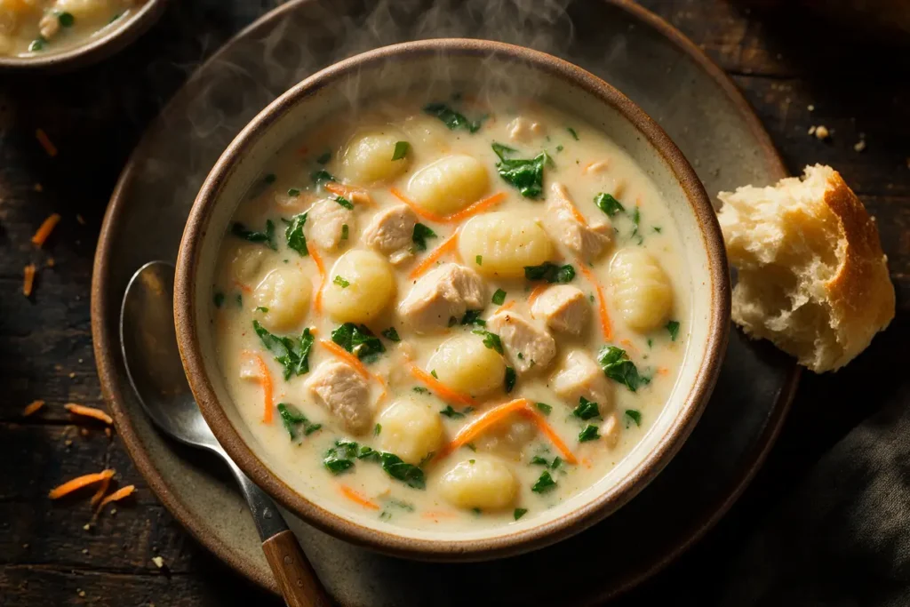A bowl of creamy chicken gnocchi soup with spinach and carrots