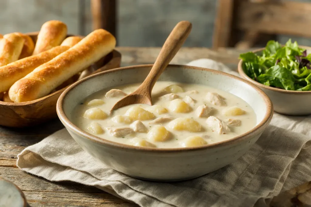 Chicken gnocchi soup served with warm breadsticks